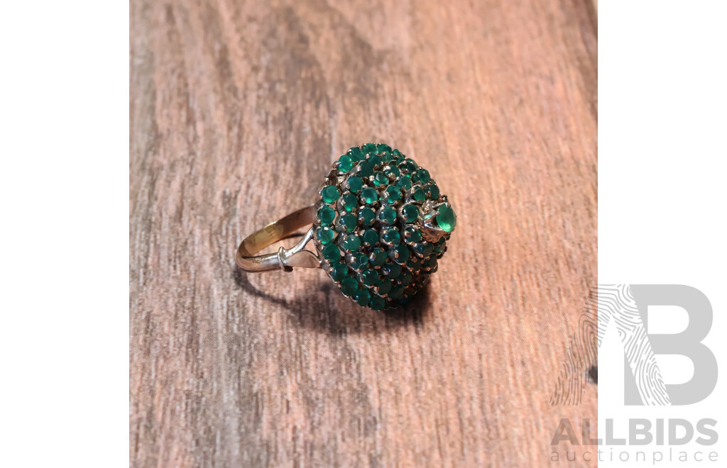 9ct Vintage Emerald Dome Cluster Ring, Missing Four Stones, E 4.0ct, 9.14 Grams