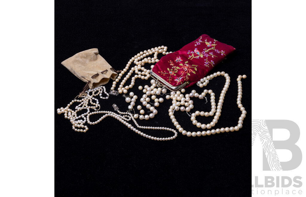 Collection of Broken Cultured Pearl Strands with Two Silver Clasps in Red Chinese Style Elongated Purse & Broken Pearl Strands in Beige Pouch