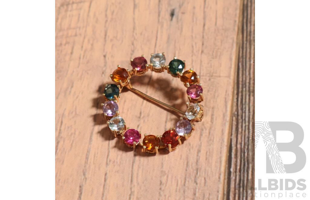 Vintage 18ct Multi Gemstone Circle Brooch, 30mm, 4.94 Grams