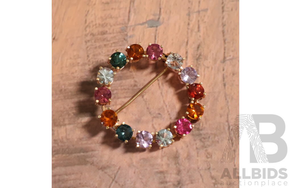 Vintage 18ct Multi Gemstone Circle Brooch, 30mm, 4.94 Grams