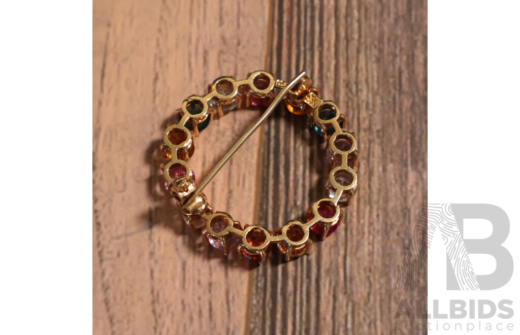 Vintage 18ct Multi Gemstone Circle Brooch, 30mm, 4.94 Grams