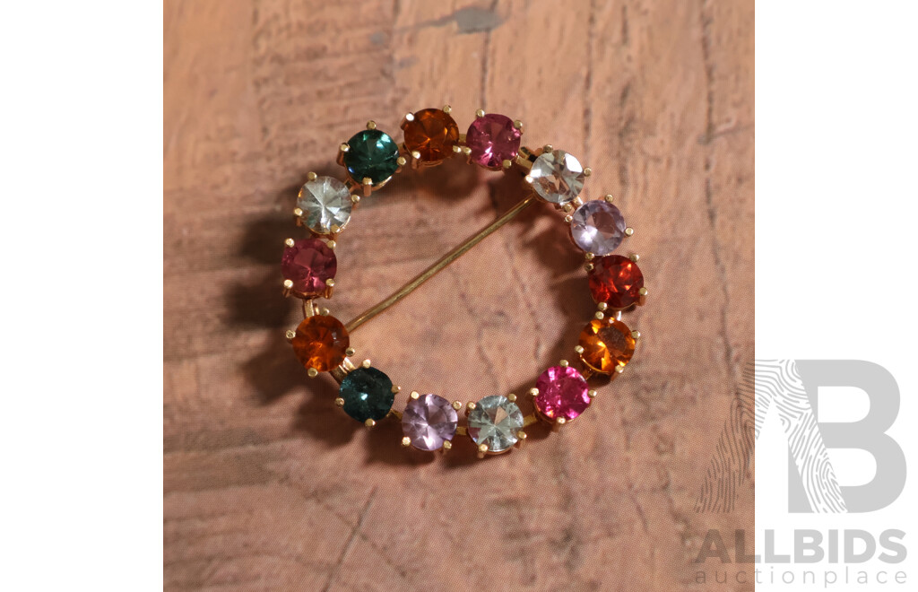 Vintage 18ct Multi Gemstone Circle Brooch, 30mm, 4.94 Grams