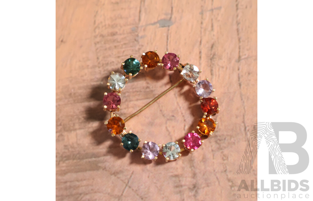 Vintage 18ct Multi Gemstone Circle Brooch, 30mm, 4.94 Grams