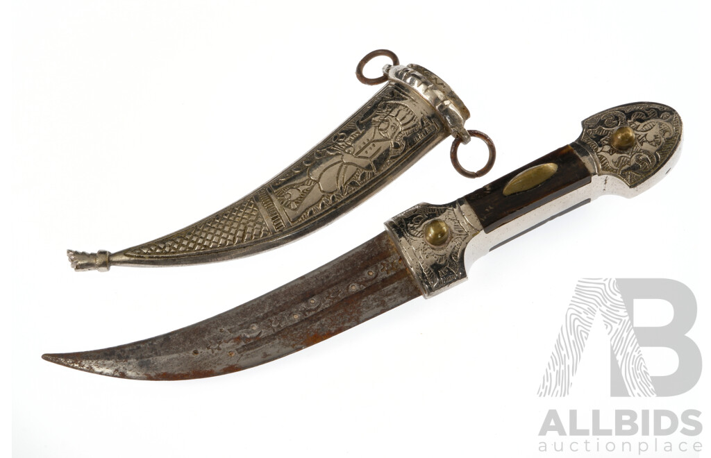 Vintage Arabic Jambiya Dagger with Engraved White Metal Sheath and Handle with Bone Detail Along with Composite Chinese Foo Dog Carving