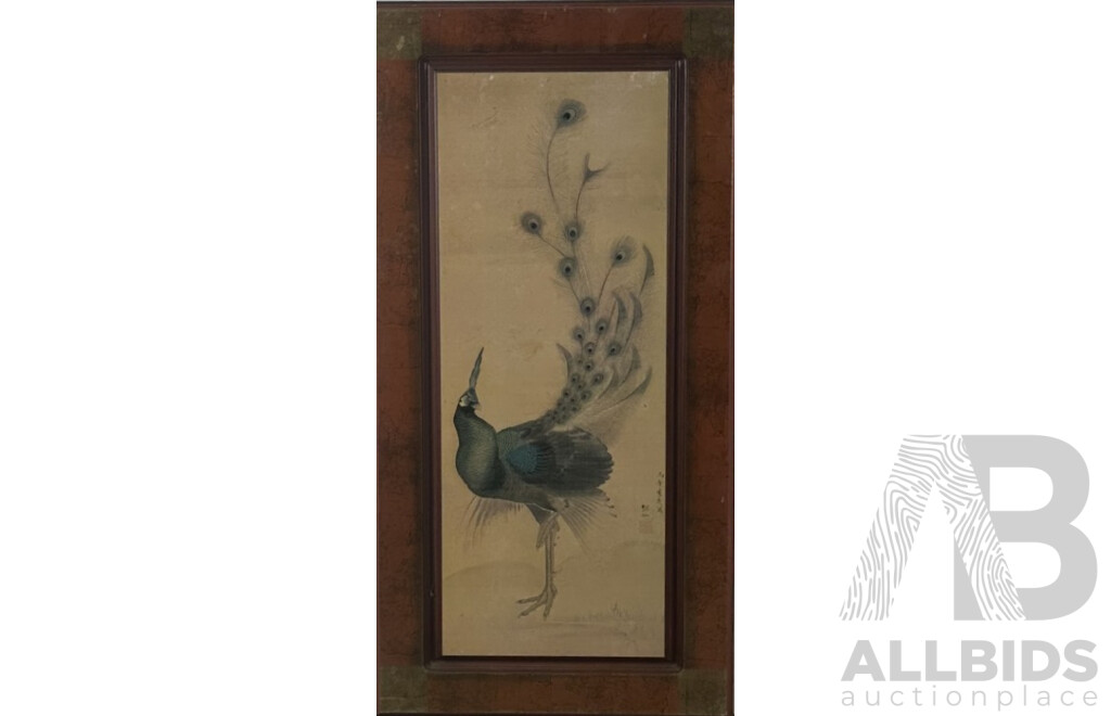 Chow Chung-Cheng (20th Century, Chinese School, 1908-1996), Peacock, Reproduction Print of Original Ink & Wash Mounted to Wooden Panel, 98 x 48 cm