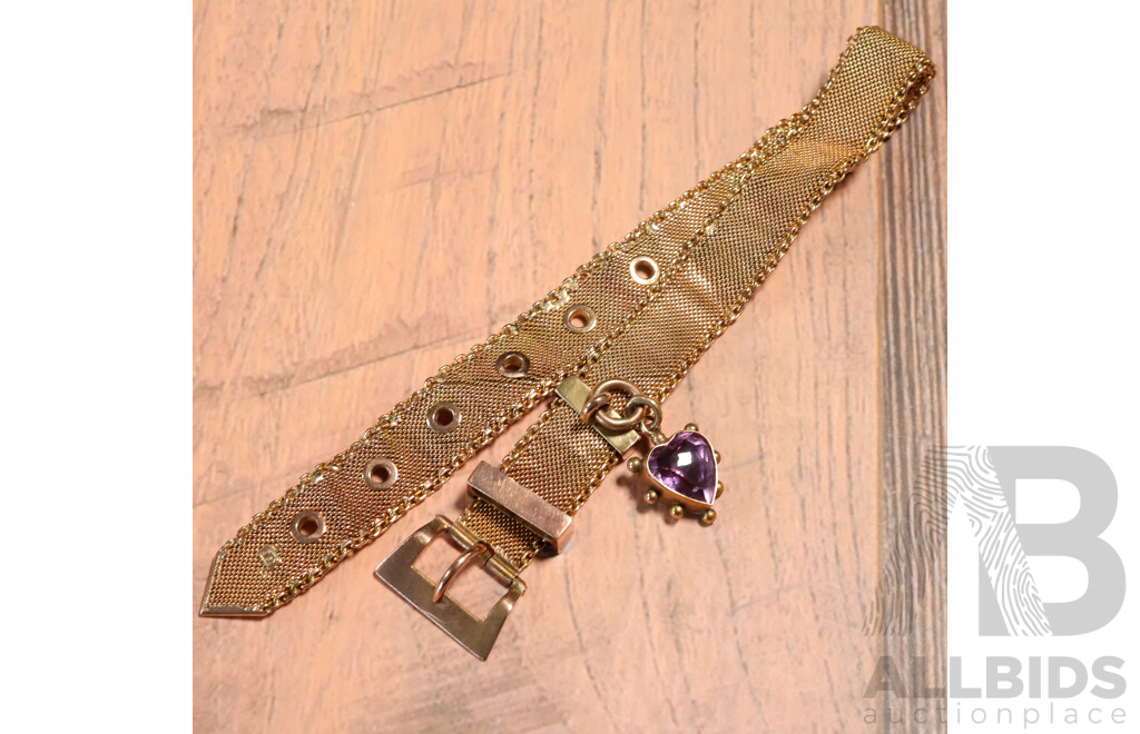 9ct Vintage Mesh Bracelet with Amethyst Heart Shaped Drop and Buckle Clasp, 15.5cm - 20.5cm, 18.27 Grams