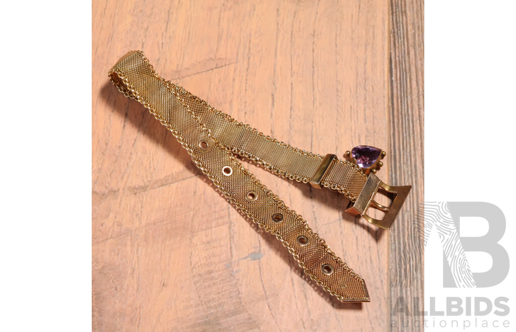 9ct Vintage Mesh Bracelet with Amethyst Heart Shaped Drop and Buckle Clasp, 15.5cm - 20.5cm, 18.27 Grams