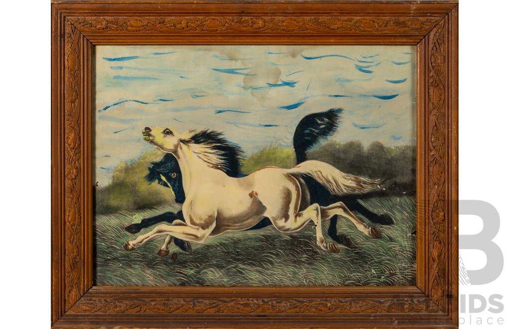 Anita Pemberton LeRoy, (19th/20th Century, American, 1877-1980), Spirited Horses, Embellished Antique Chromolithograph (c1900-08), 50 x 63 cm (frame)