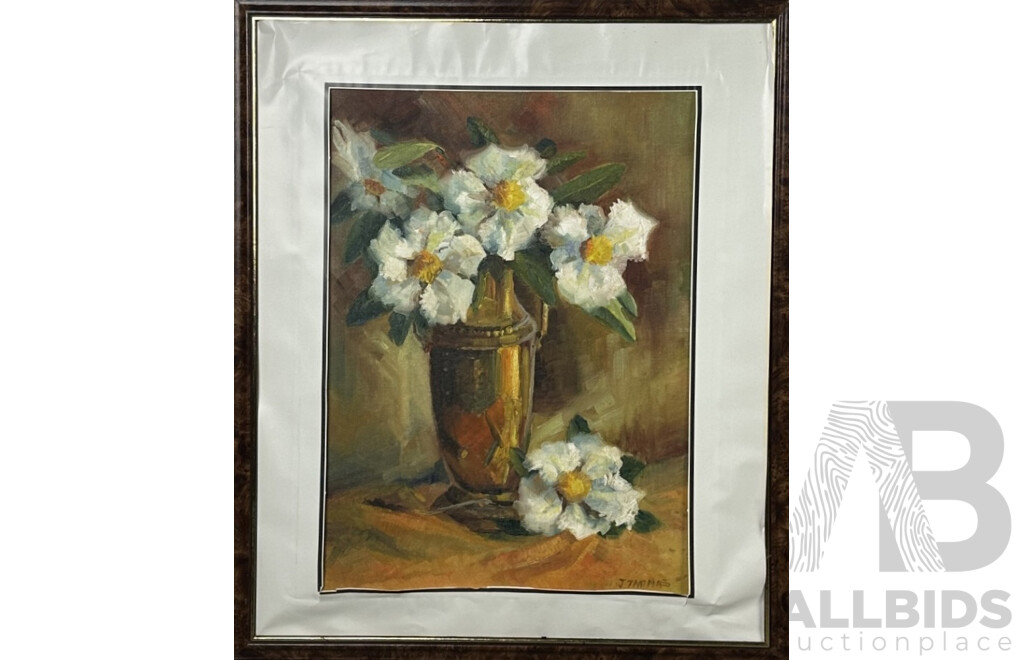 J. Thomas, (20th Century), White Flowers in Vase, Original Vintage Oil on Masonite, 65 X 55 Cm (frame)