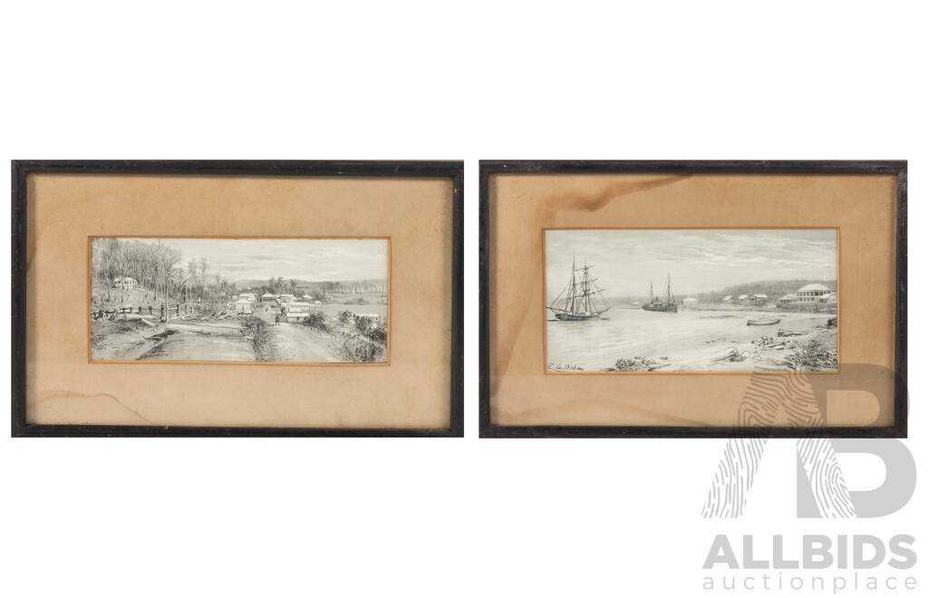 E. Le Bihan, (19/20th Century, French-Australian, 1841-1921), Pair of Landscapes - Boats Approaching & Settlement, Antique Prints of Original Engravings, 22 x 33 cm (largest frame) (2)