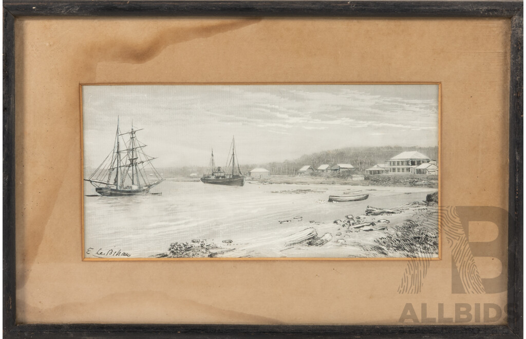 E. Le Bihan, (19/20th Century, French-Australian, 1841-1921), Pair of Landscapes - Boats Approaching & Settlement, Antique Prints of Original Engravings, 22 x 33 cm (largest frame) (2)