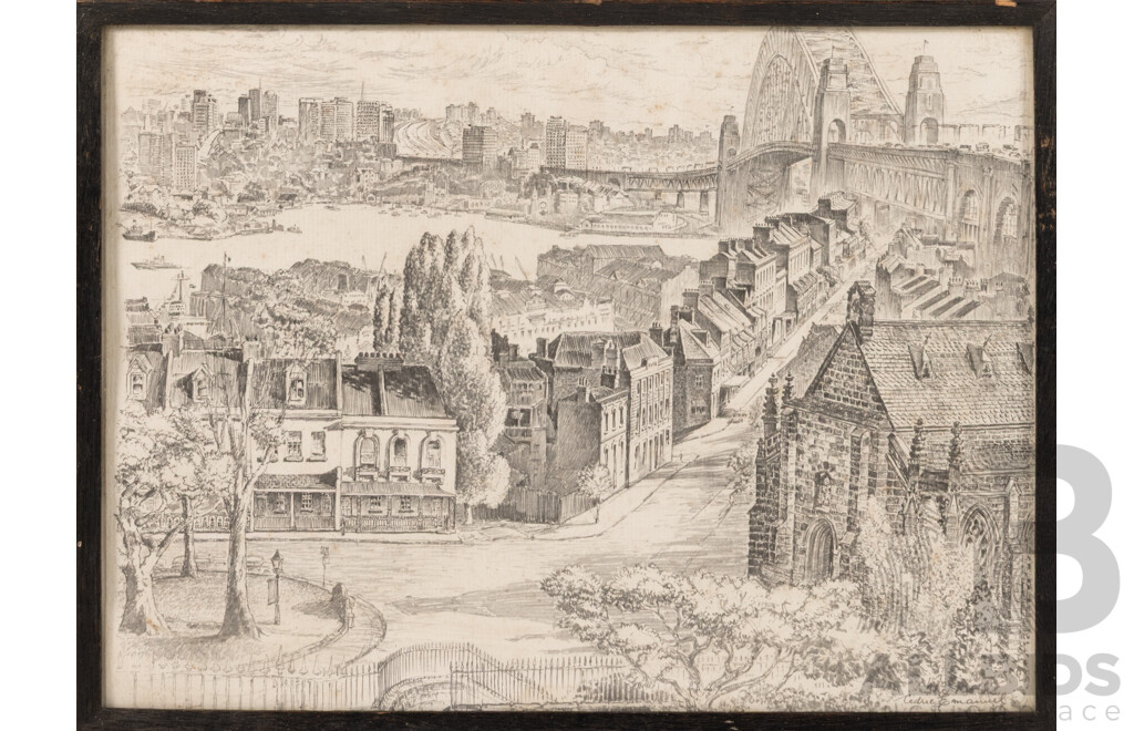 Cedric Emanuel, (20th Century, Australian, 1906-1995), the Rocks Sydney, Vintage Print of Original Pencil Sketch, 25.5 x 34 cm (frame)