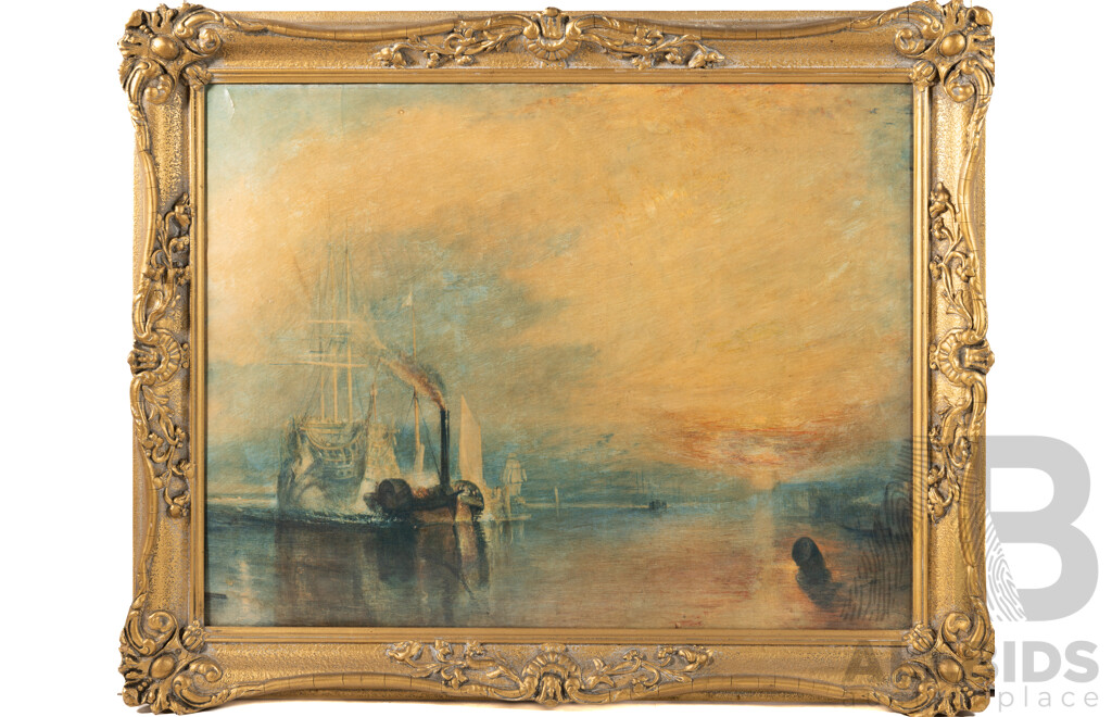 J.M.W. Turner (Known as William Turner) (18/19th Centuries, 1775-1851), The Fighting Temeraire Tugged to Her Last Berth to Be Broken Up, Embellished Vintage Canvas Print After c1838 Original, 53 x 66 cm (frame)