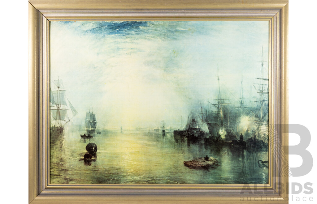 J.M.W. Turner (Known as William Turner) (18/19th Centuries, 1775-1851), Keelmen Heaving Coals by Moonlight, Embellished Vintage Canvas Print on Board After c1835 Original, 83.5 x 106 cm (frame)