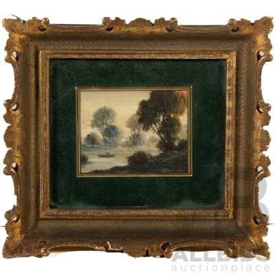 Artist Unknown, Boat Ride, Wonderful Vintage Miniature Oil on Board, Beautiful Ornate Gold Frame with Green Velvet Trim, 19 x 21 cm (frame)