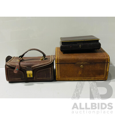 Vintage Leather Covered Scottish Jewellery Box, Antique Heavy Leather Bag and Another Jewellery Box