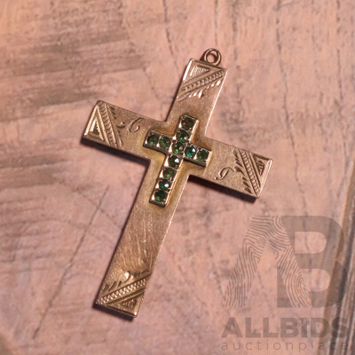 9ct Rose Gold Vintage Cross Pendant with Small Green Sapphires, 42mm X 30mm, 2.94 Grams