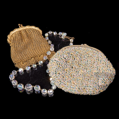 Vintage Gold Tone Mesh Coin Purse, Muted Multi Coloured Coin Purse and Aurora Borealis Crystal Necklace