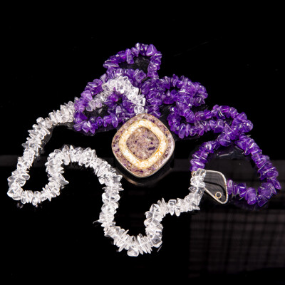 Vintage Triple Strand Necklace with Polished Amethyst & Quartz and Mosaic Clasp, 45cm
