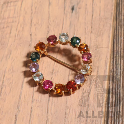 Vintage 18ct Multi Gemstone Circle Brooch, 30mm, 4.94 Grams