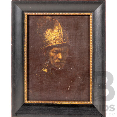 After Rembrandt Van Rijn (17th Century, Dutch, 1606-1669), The Man with the Gold Helmet, Embellished Canvas Copy After Original Oil (c1650), 30.5 x 24.5 cm (frame)