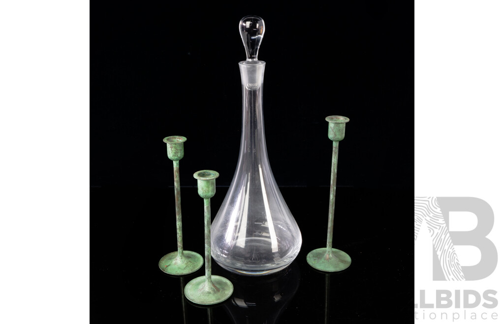 Retro Krosno Decanter and Stopper with Three Patinated Metal Candle Holders in Graduating Height