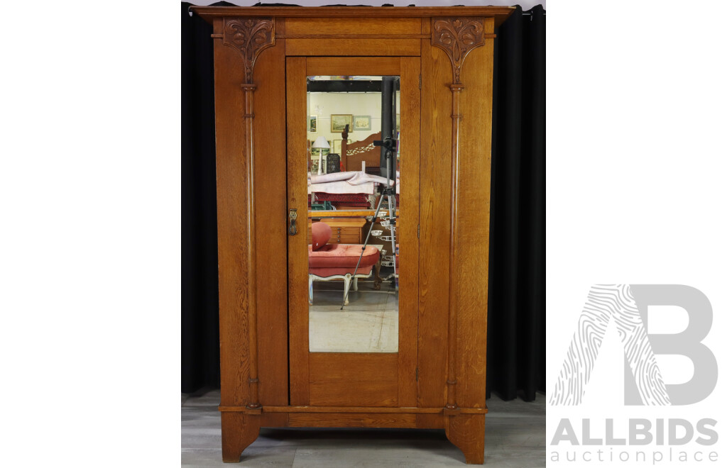 Good Art Nouveau Oak Single Door Robe by A.Hall & Co