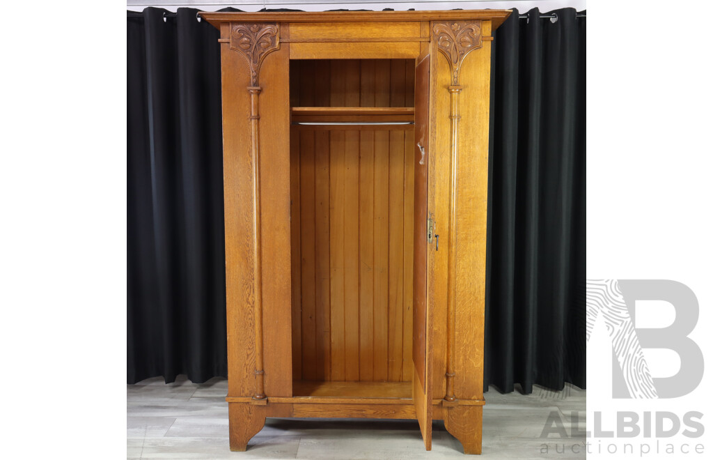 Good Art Nouveau Oak Single Door Robe by A.Hall & Co