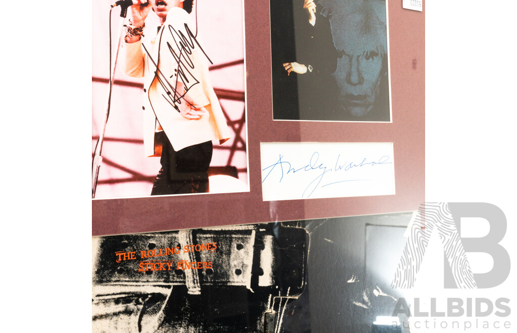 Framed Mick Jagger & Andy Warhol Presentation with Two Signatures, Rolling Stones Album LP Cover & Photographs