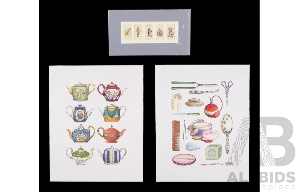 Alice in Wonderland, (c1930s), Alongside Teapots and Bath Items, (1998) Ink & Card, Five Vintage Collectible Carreras Cigarette Cards & Pair French Published Colour Prints, 50 x 40 cm (prints edge to edge) (3)