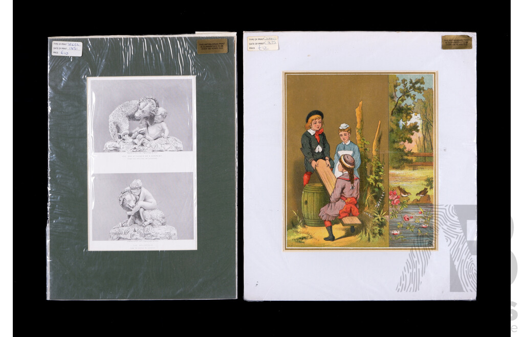 Children Playing, Colour Chromolitho Print (c1875) & The Deliverer + Boy Attacked by a Serpent (From Henri Lechesne Originals), Steel Engravings (c1851), Pair of Vintage Prints, Cassidy's Gallery, London, UK (2)