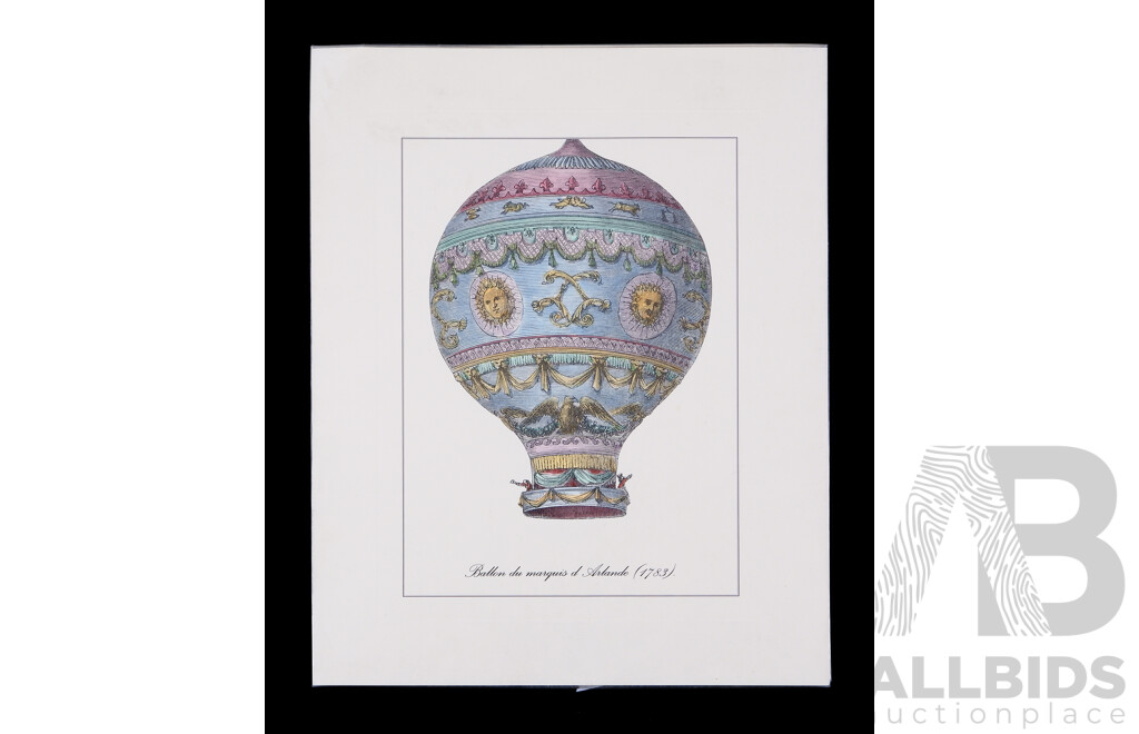 Aerostat De Bagnolet and Ballon Du Marquis D' Arlande (1783), Beautiful Unframed Colour Engraved Lithograph Prints, and Trio of WIlls Vintage Cigarette Cards of Hot Air Balloons (^c1910), (3)