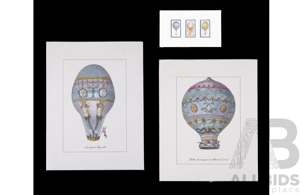 Aerostat De Bagnolet and Ballon Du Marquis D' Arlande (1783), Beautiful Unframed Colour Engraved Lithograph Prints, and Trio of WIlls Vintage Cigarette Cards of Hot Air Balloons (^c1910), (3)