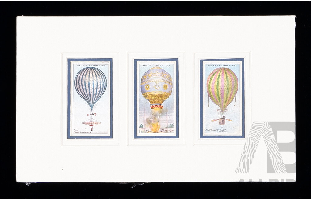 Aerostat De Bagnolet and Ballon Du Marquis D' Arlande (1783), Beautiful Unframed Colour Engraved Lithograph Prints, and Trio of WIlls Vintage Cigarette Cards of Hot Air Balloons (^c1910), (3)