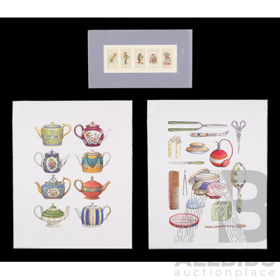 Alice in Wonderland, (c1930s), Alongside Teapots and Bath Items, (1998) Ink & Card, Five Vintage Collectible Carreras Cigarette Cards & Pair French Published Colour Prints, 50 x 40 cm (prints edge to edge) (3)