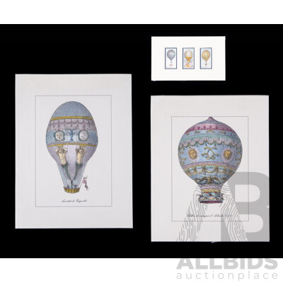 Aerostat De Bagnolet and Ballon Du Marquis D' Arlande (1783), Beautiful Unframed Colour Engraved Lithograph Prints, and Trio of WIlls Vintage Cigarette Cards of Hot Air Balloons (^c1910), (3)