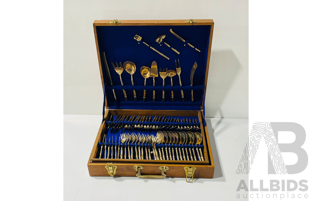 Complete Set of Vintage Bronze Cutlery and Tableware From Thailand in Multilayered Wooden Transport Case