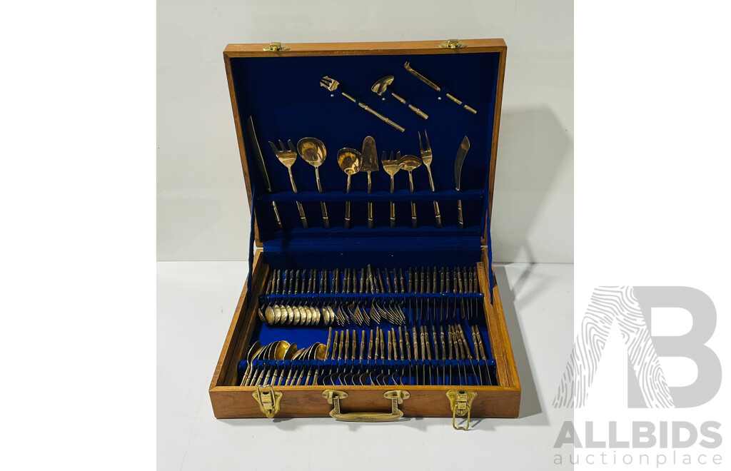 Complete Set of Vintage Bronze Cutlery and Tableware From Thailand in Multilayered Wooden Transport Case