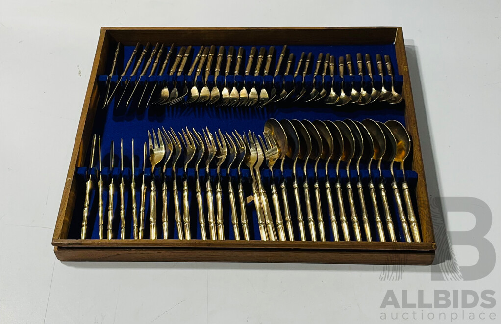 Complete Set of Vintage Bronze Cutlery and Tableware From Thailand in Multilayered Wooden Transport Case