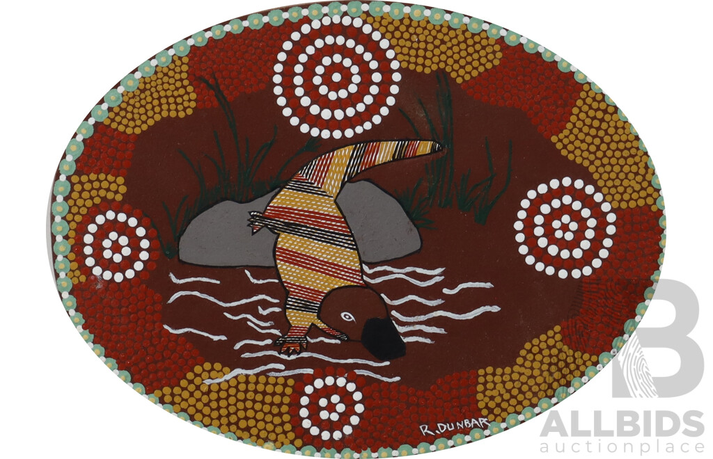 R.Dunbar, (Indigenous-Australian, Date Unknown), Platypus, Acrylic on Board, 21^x 28 cm