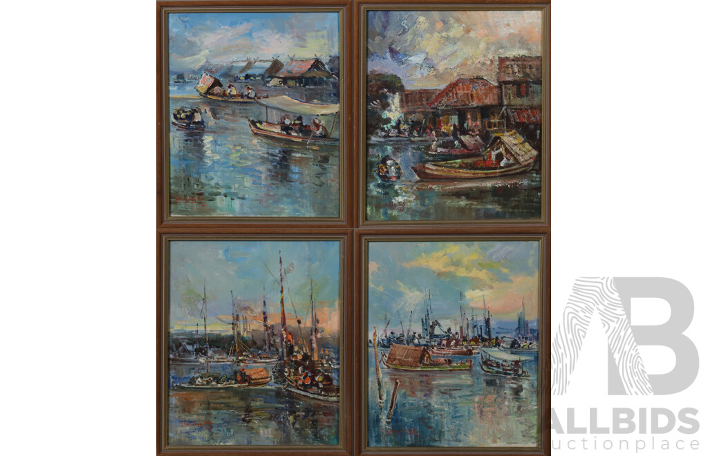 Nurdin B.S. (20th Century, Indonesian, 1915-1987), Wonderful Collection of Four Vintage Works - Indonesian Village Life with Junks, Oil on Canvas, (1976), 33.5 X 28.5 Cm (frames) (4)