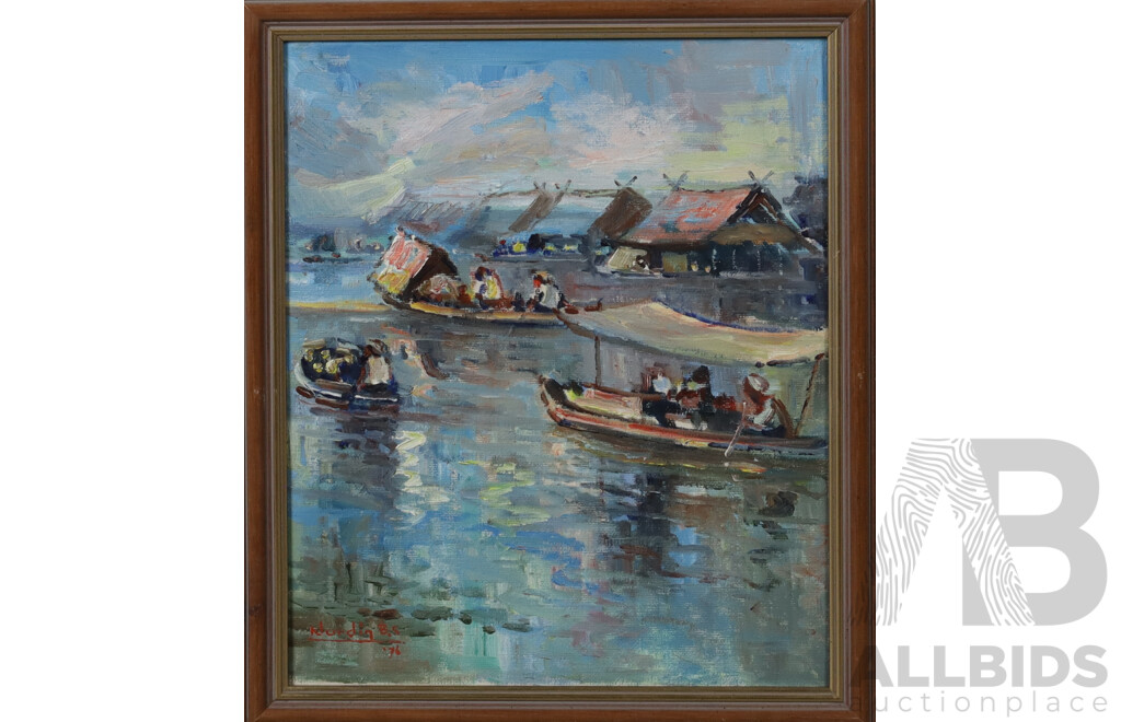 Nurdin B.S. (20th Century, Indonesian, 1915-1987), Wonderful Collection of Four Vintage Works - Indonesian Village Life with Junks, Oil on Canvas, (1976), 33.5 X 28.5 Cm (frames) (4)