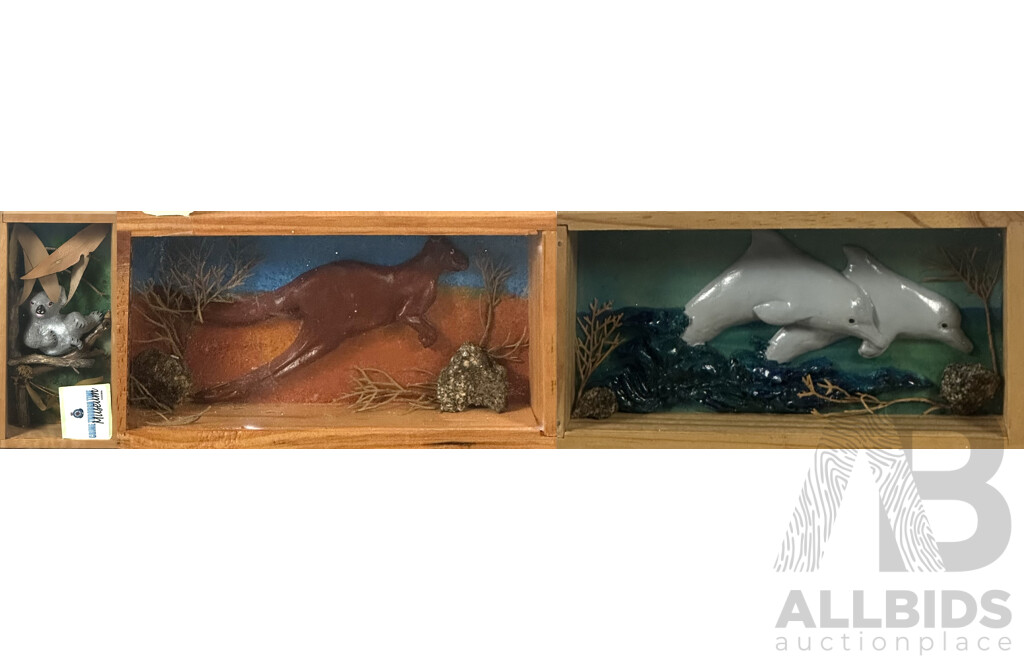 Varied Prisoners, Crime Through Time Centre (Cooma, NSW), Trio of Three Fun and Interesting Animal Dioramas - Koala, Kangaroo and Dolphins, Mixed Media, 21.5 X^ 11 cm (boxes) (3)