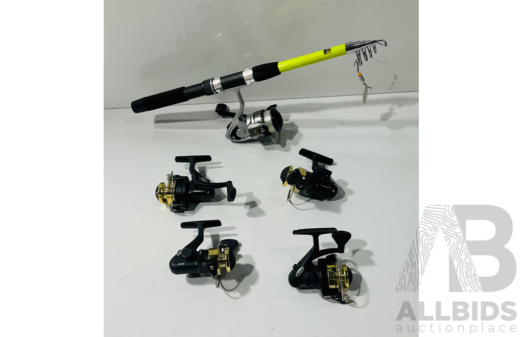 Gold Star Collapsible Fishing Rod and Collection of Four Berkley CW100 Fishing Reels