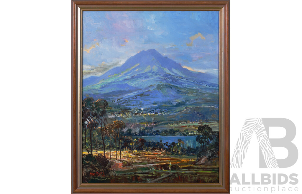 Nurdin B.S. (20th Century, Indonesian, 1915-1987), Indonesian Landscape -Worker in Field Watched Over by Mount Marapi, Vintage Oil on Canvas, 56 x 45 cm (frame)