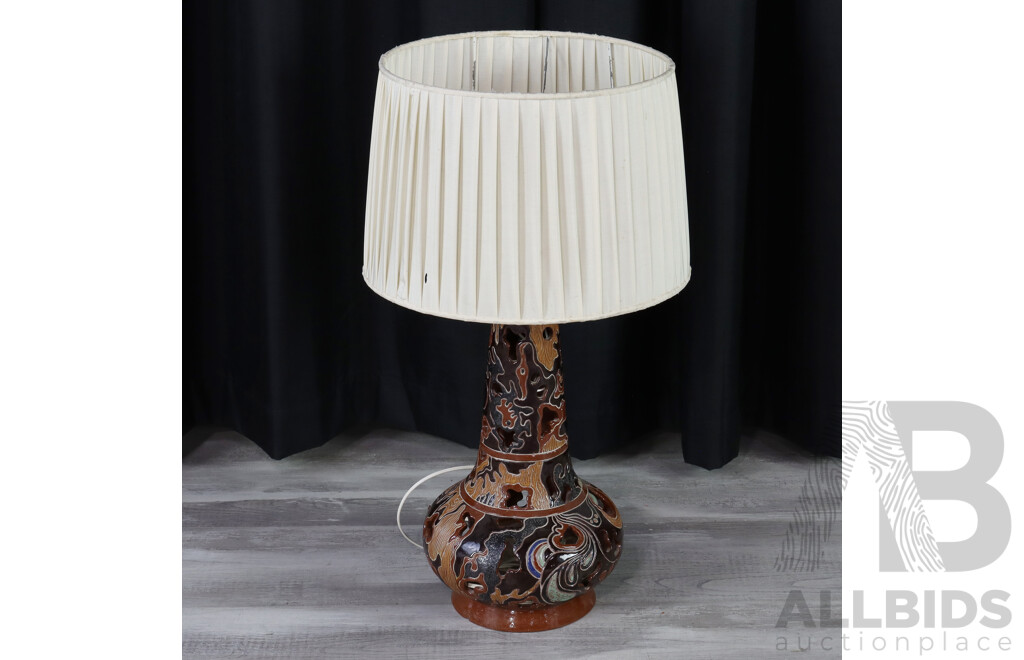 Pierced Glazed Ceramic Table Lamp with Pleated Shade