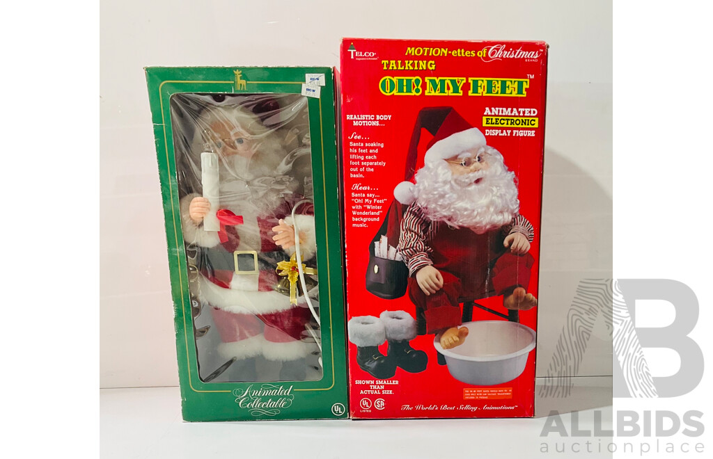 Pair of Very Unique Vintage Animatronic Santa Decorations Including Talking Oh! My Feet Santa From Telco and Animated Collectable Santa From National Rennoc