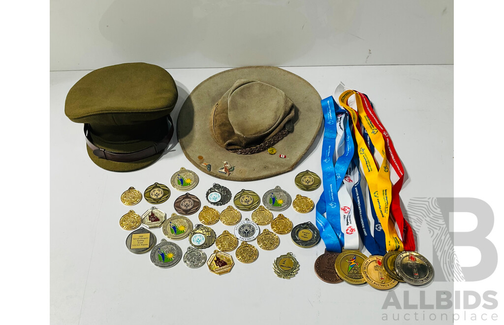 Pair of Vintage Hats Including Australian Made Leather Jacaru Hat and Australian Military Cap as Well as Collection of Special Olympics Australia Medals