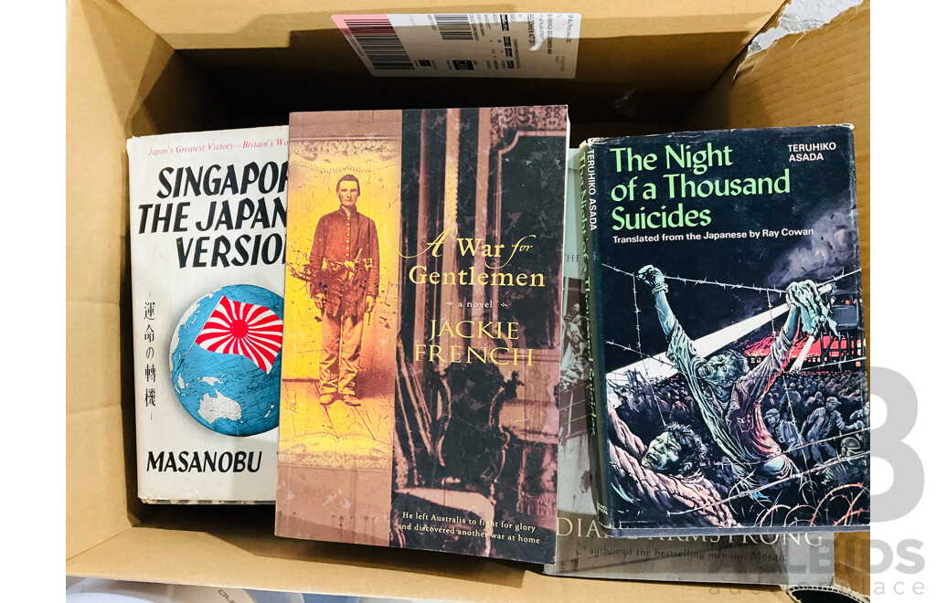 Collection of Vintage and Other Hardcover and Softcover Books Largely Relating to War, Including Singapore the Japanese Version, Night of the Thousand Suicides and More