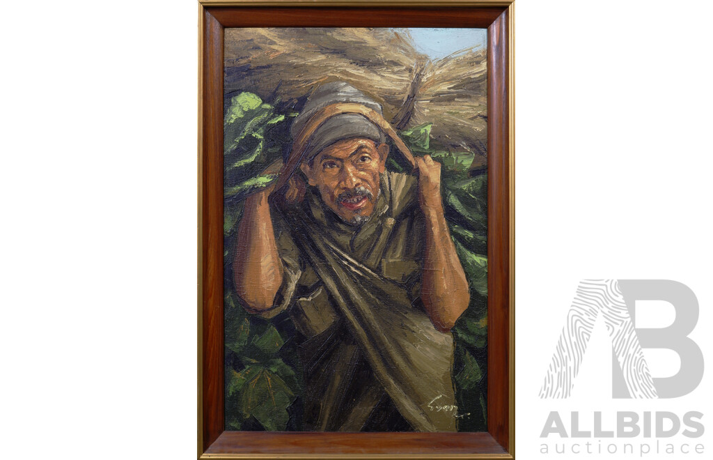 Gyan (Date Unknown), Portrait of a Nepalese Sherpa, Wonderful Vintage Oil on Canvas, 84 x 58 cm (frame)